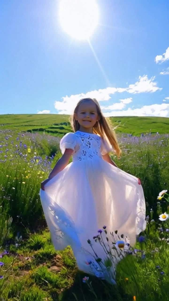 Girl in flowing white dress adorned with delicate lace details twirls gracefully under soft sunlight Lush green meadow surrounds her as wildflowers gently sway in the breeze Golden rays dance through swaying tree branches creating a dreamy whimsical atmosphere