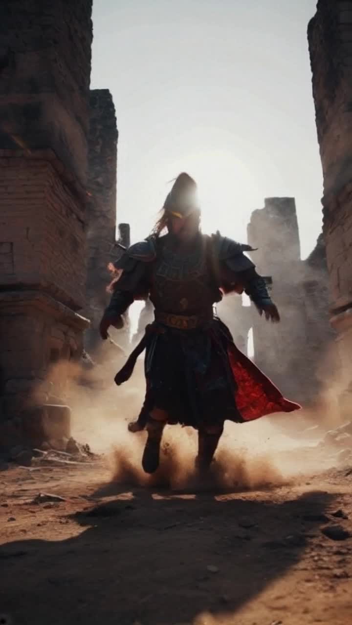 Warrior with fierce gaze shining through lens flare springs into action showcasing dynamic grace and ferocity low angle perspective emphasizes powerful form dramatic tension builds surrounding environment filled with swirling dust and echoes of battle ancient ruins loom in shadows vibrant colors contrast with stark light creating an epic atmosphere