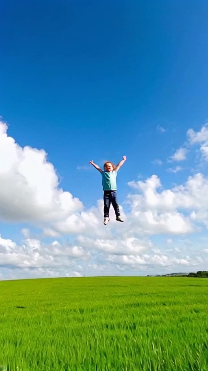Joyful child soaring high above vibrant green fields  Arms outstretched gliding like a bird with pure delight  Fluffy white clouds dotting a brilliant blue sky twinkling sunlight illuminating carefree laughter