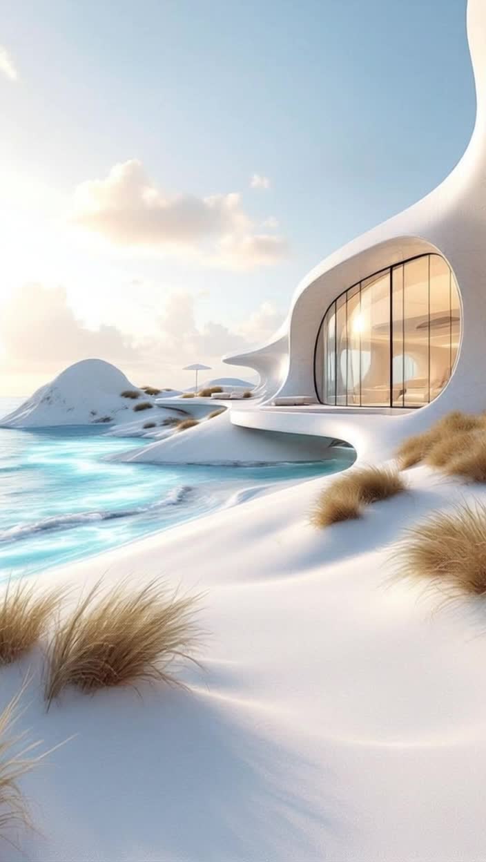 Genre Hyperrealistic cinematic videoLocation Futuristic, minimalist villa on the beachDetails Curved glass, white marble, house built into the dunes Lighting Golden hour, long, dramatic shadowsSpecial effects Bioluminescent path, smooth camera movement, lens flare, chromatic aberration                                              Hyperrealistic cinematic video of a futuristic, minimalist beachfront villa The house is a masterpiece of curved glass and white marble, built into the sand dunes Golden hour light bathes the scene, casting long, dramatic shadows Gentle, translucent waves lap at the pristine white sand The camera glides smoothly, revealing a bioluminescent path leading to the entrance The sound is a blend of whispering wind, soft waves, and a low, ambient synth hum Lens flare and subtle chromatic aberration enhance the cinematic feel