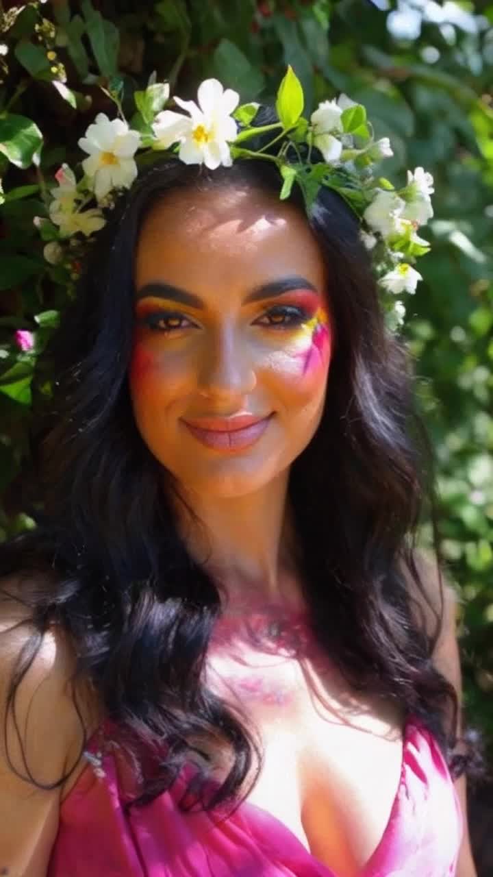 Mysterious woman with flowing dark hair standing gracefully in a lush garden unveiling a stunning flower crown adorning her head soft smile illuminating her face slowly revealing her vibrant artistry painted across her skin radiating confidence as sunlight filters through leaves casting enchanting shadows on her body surrounded by blooming petals creating a harmonious interplay of nature and selfexpression