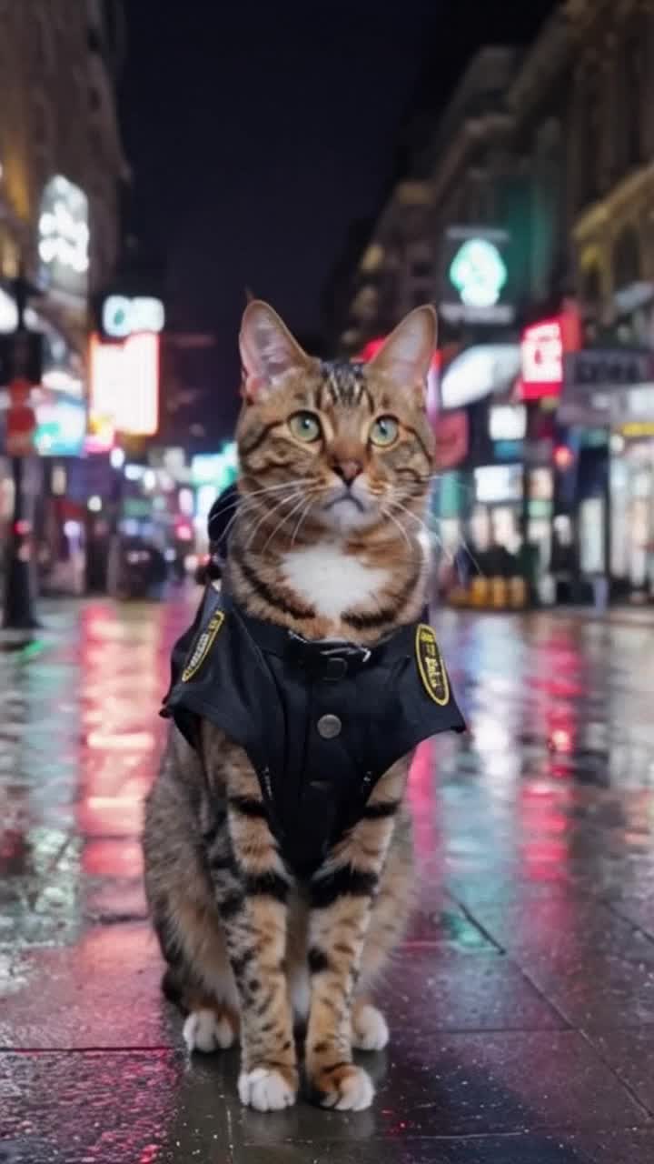 Dapper Bengal cat donning a tailored police officer uniform striding majestically on two legs radiating confidence displaying a delightful curiosity City streets alive with vibrant hues neon signs pulsating in a kaleidoscope of colors raindrenched pavement glistening like jewels reflecting bright lights shadowy alleys whispering secrets waiting to be uncovered