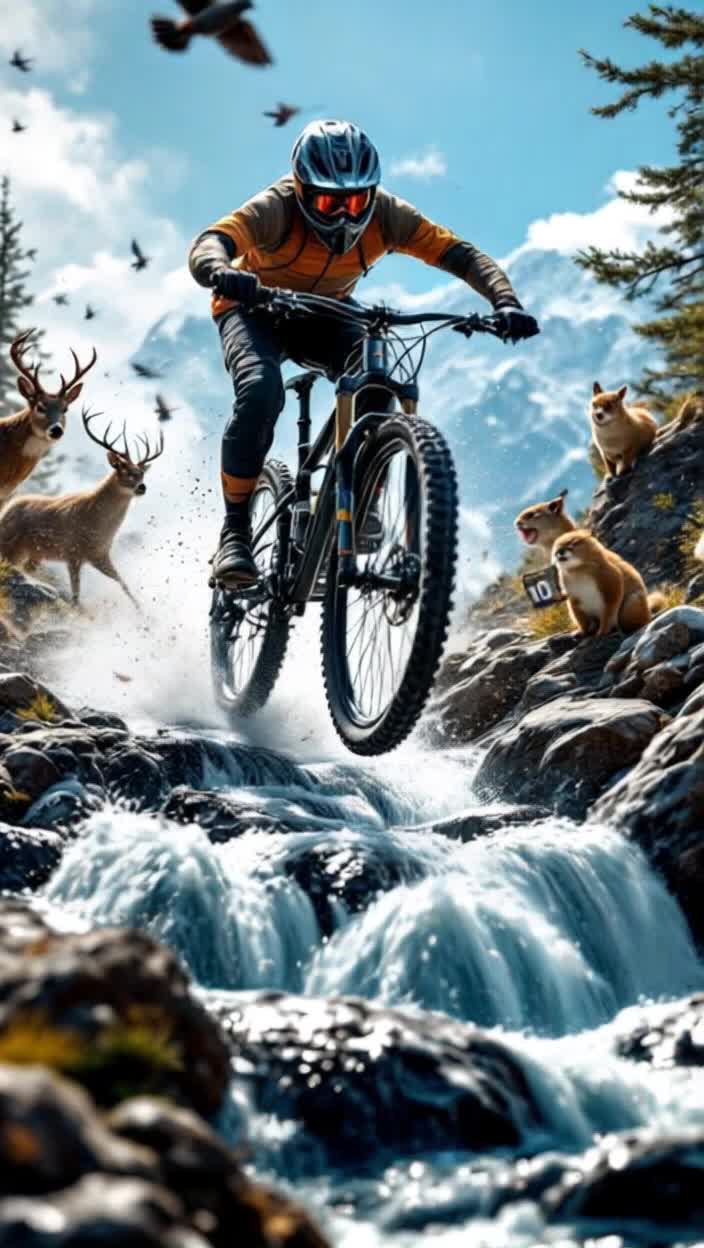 Extremely fast paced, real time, this could all be done within 5 seconds, especially with a little fast forward and editing,  from the top of the mountain bike trail, a midday summit thermos cup of steamy warm coffee in the cool mountain air is chugged with ecstatic enjoyment while sitting on a shiny new black and silver mountain bike, thermos is closed quickly for the quick start of descent down the mountain and picking up speed, even with wildly crazy twists and turns on the bumpy trail, passing startled deer, rabbits and a cougar, an annoyed squirrel flips a bird, oh well, details emphasized on the animals, almost to the end when the front wheel hits a rock, the bike flies up in a loop to come down into the deep cool rushing water of the nearby river, clear blue sky, erratic comical animals faces as they laugh and three lift score cards up, a deer holds a score card of 10 points, the cougar holds a score card of ten  points and a squirrel holds a score card of 10 points, simultaneously synchronized, big smiles of amusement, speed is of the essence