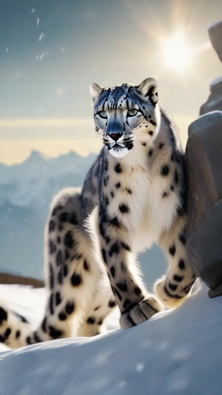 Snow leopard with luxurious fur glistening in sunlight frolics energetically through soft white snowflakes cascading around it Powerful legs leap gracefully, leaving playful paw prints trailing behind as it bounds across the vast snowy landscape Majestic mountain peaks loom in the background, their rugged cliffs dusted with shimmering frost, while sparkling icicles hang from rocky outcrops Bright blue sky stretches overhead, where fluffy white clouds drift lazily, enhancing the serene yet exhilarating atmosphere of this winter wilderness