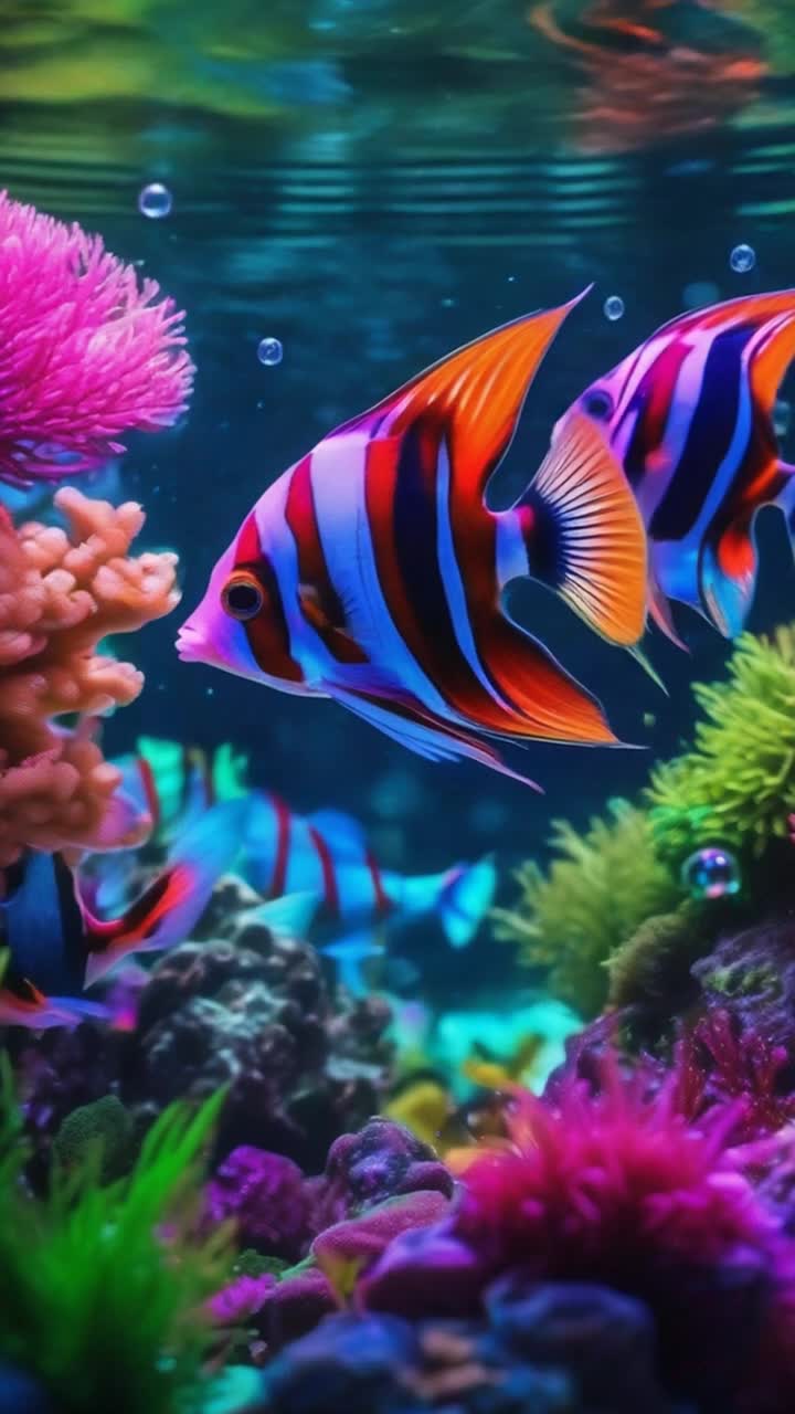 Vibrant tropical fish of neon pink blue green flickering through shimmering water swirling gracefully amidst lush underwater plants sparkling bubbles rising in rhythm dazzling light refracting off glass walls illuminating the scene with a kaleidoscope of colors vibrant corals swaying gently in the current creating a mesmerizing underwater paradise inviting viewers to dive into the depths of aquatic beauty