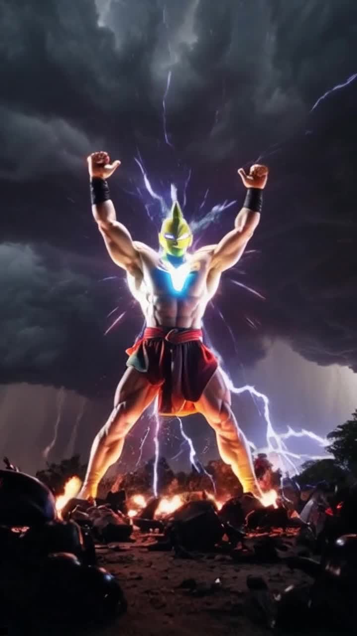Chosen super Saiyan warrior with glowing aura flexing powerful muscles striking dynamic heroic pose as remnants of defeated enemies vanish into ground energy pulsating with triumph rippling through air low-angle perspective capturing intensity of moment beneath a stormy sky illuminated by flashes of lightning swirling dark clouds casting ominous shadows creating epic atmosphere of victory