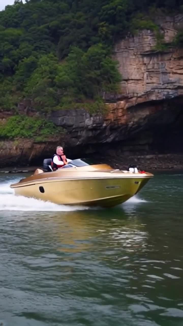Donald Trump casually driving a golden adorned speed boat wrecklessly down a mountain river waving to woodland shore crowds as it speed by falling off a massive waterfall, rotating and shattering into the white raging water and rocks below