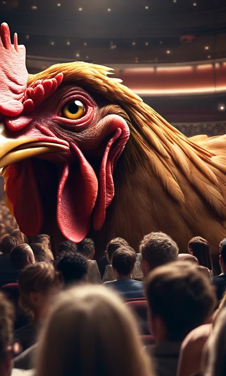A movie theater full of people are watching a screen that is showing a low angle of a giant chicken towering over the camera