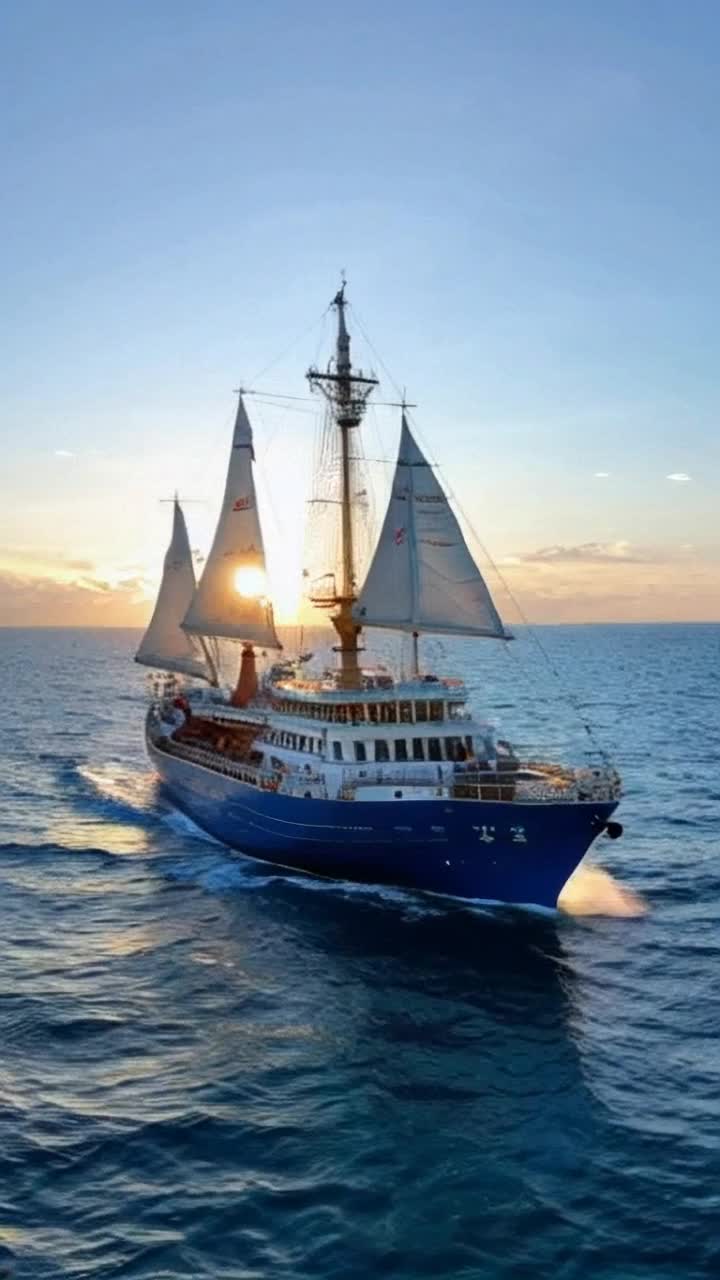 Majestic Titanic ship encased in glass bottle gliding gracefully shimmering blue waters Elegant white sails billowing delicately under warm golden sunset Illuminating reflections cascading on waves as seagulls dance above Historical grandeur emanating from intricate balconies luxurious decks adorned with vibrant flags fluttering gently in the breeze Serene ocean backdrop merging softly into pastel skies painting a timeless voyage of luxury adventure