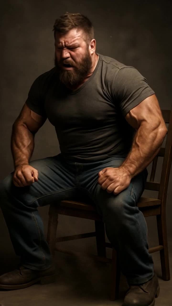 A brute muscle man angrily punches and kicks the air in a fit of rage 