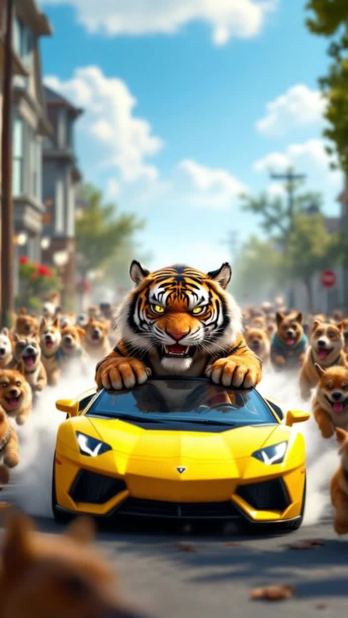 an animated cartoon fierce tiger is zooming along driving a yellow sportscar through a neighborhood ravaged with dogs, in 24 million vivid colors