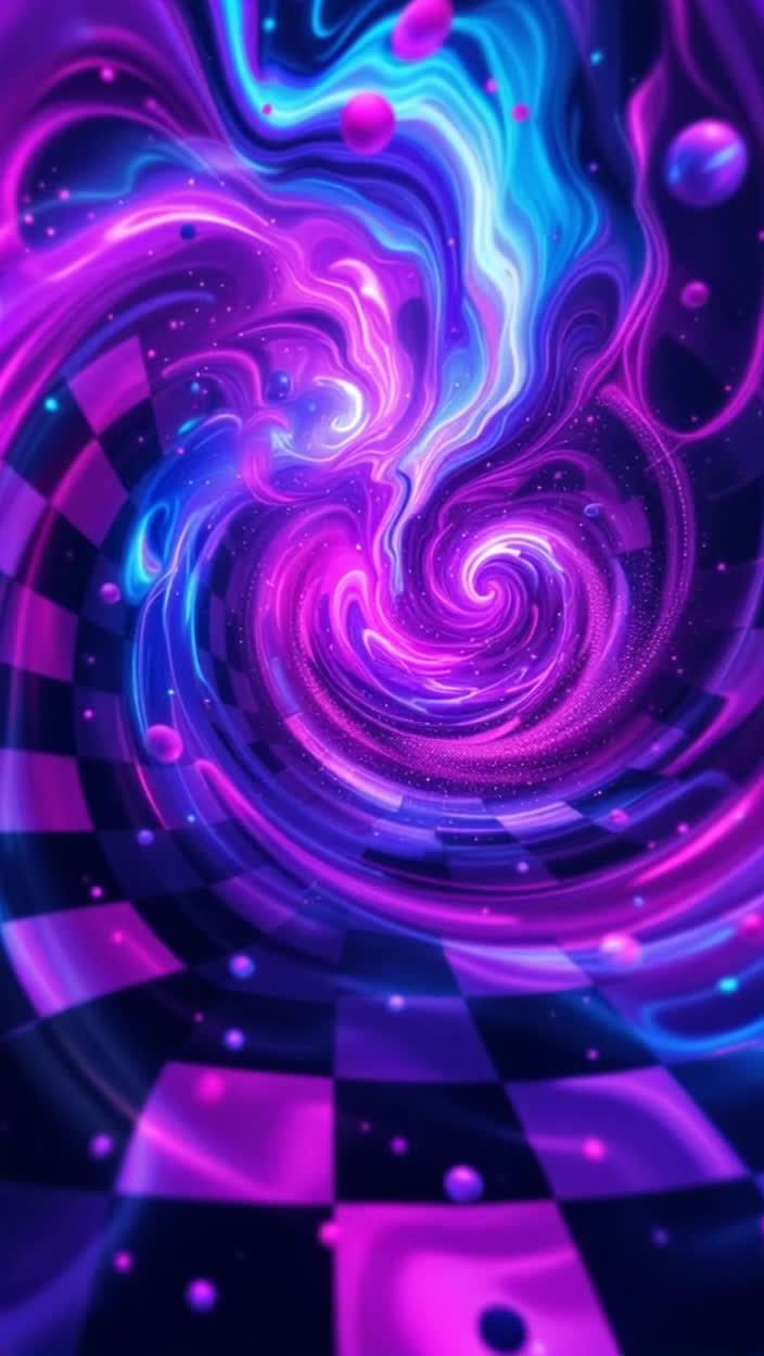 Trippy psychedelic surreal abstract music video spirals checkerboard patterns swirling purple blue pink and black 