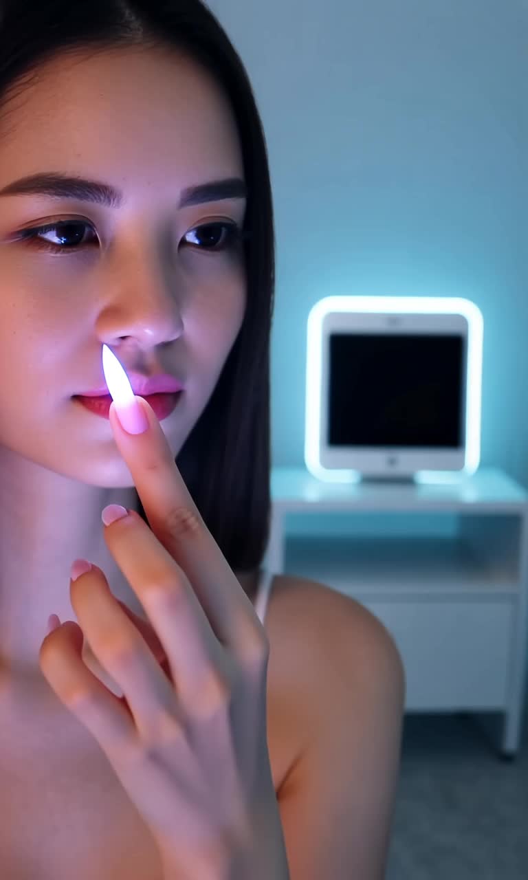 Delicate womans fingertip gently presses luminous button Neon glow illuminating her focused expression Soft ambient light bathes minimalist room filled with futuristic gadgets