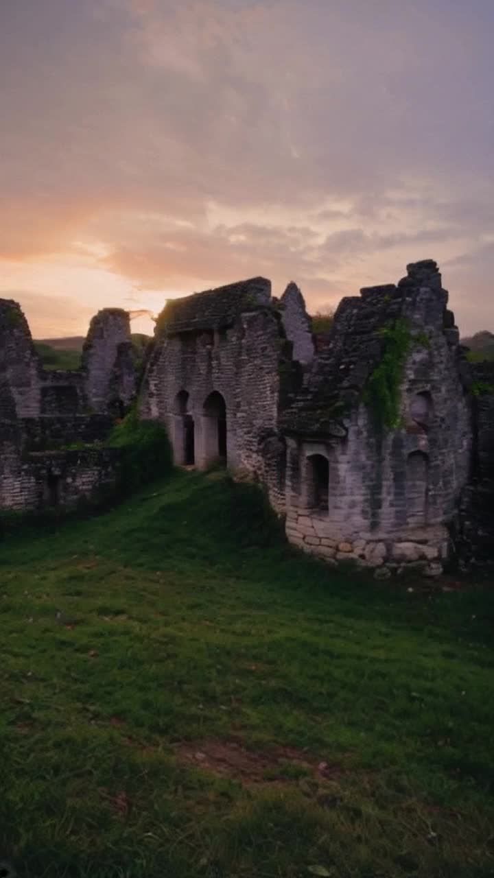 Ancient grey stone structures clustered together exuding charm and character portraying times embrace Eerie silence enveloping the scene as whisper through crevices Lush green grass sprawling around the manor contrasting with weathered stones Overgrown ivy cascades down walls creating a tapestry of natures reclaiming  the land An ancient monk in a long black woolen cloak  is slinking around in the ruins A hazy evening sky painted with oranges and purples sets a wistful backdrop as shadows elongate across the landscape inviting exploration into forgotten stories of history hidden within these quaint relics  