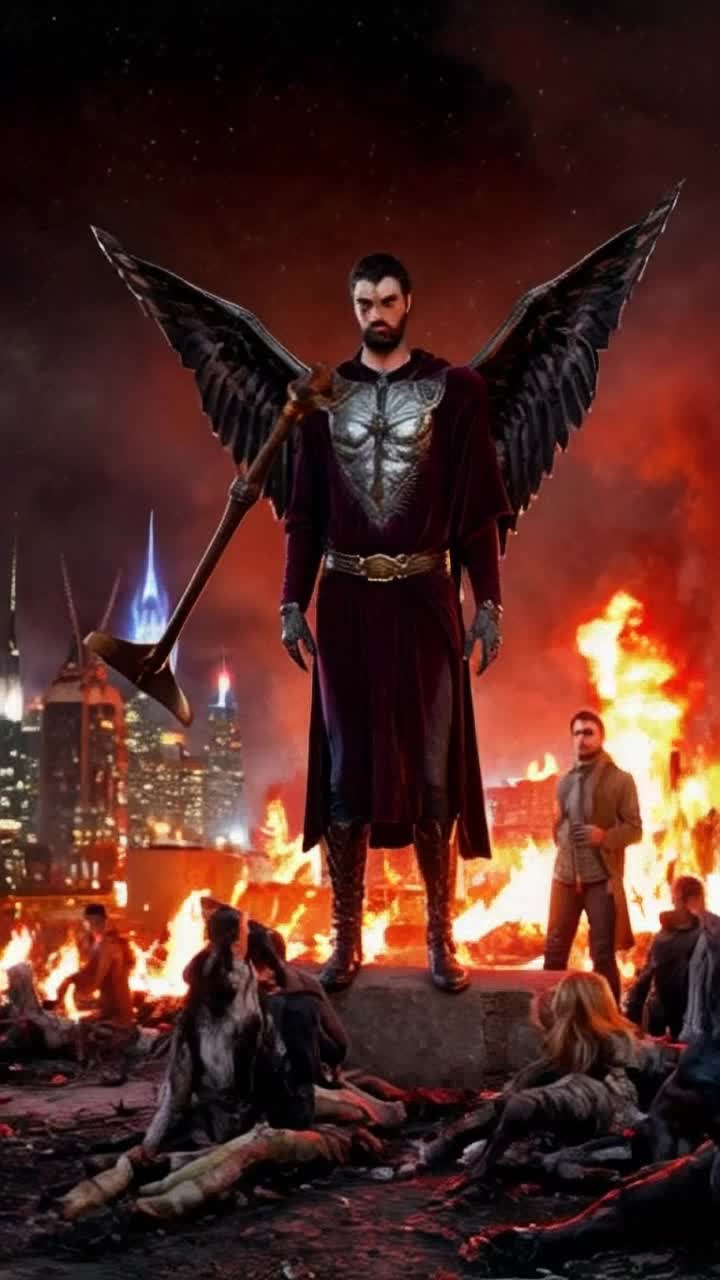 Archangel Michael transforms into the Grim Reaper while protecting the chosen from zombies in a burning NYC the chosen ppl were known as their own spirits glowed brighter then the rest of those humans that hasnt changed into zombies yet Michael as the Grim Reaper, the yang of His ying is the true essence of Gods Wrath but this time to protect his chosen ppl from the horrors of Armageddon For the Hollowed Named of God Un Be Ou Gnock translates into IAM Death