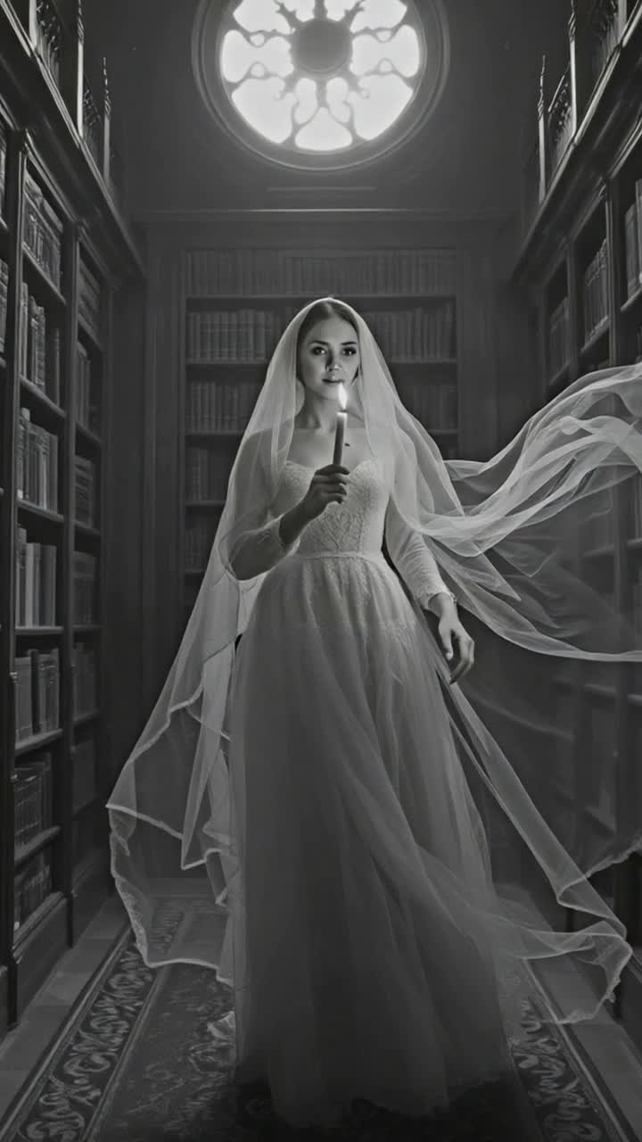 Ethereal ghost gliding gracefully through dimly lit library cascading wisps of translucent fabric trailing behind shimmering softly in muted light High shelves lined with ancient dusty tomes shadowy corners whispering forgotten tales timeless elegance captured in monochrome hues shadows dancing on polished wooden floors