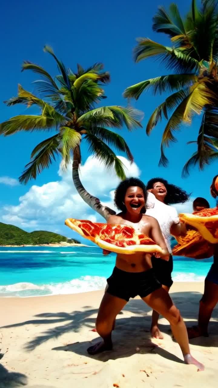 Vibrant tropical island adorned with colorful pizzashaped decorations invites laughter and joy Bold friends laughing and dancing joyously as they enjoy giant slices of pepperoni and cheese under swaying palm trees Bright sun casting cheerful shadows on sandy beaches while waves crash playfully in the background Sounds of upbeat music blend with the aroma of fresh baked pizzas creating a festive atmosphere