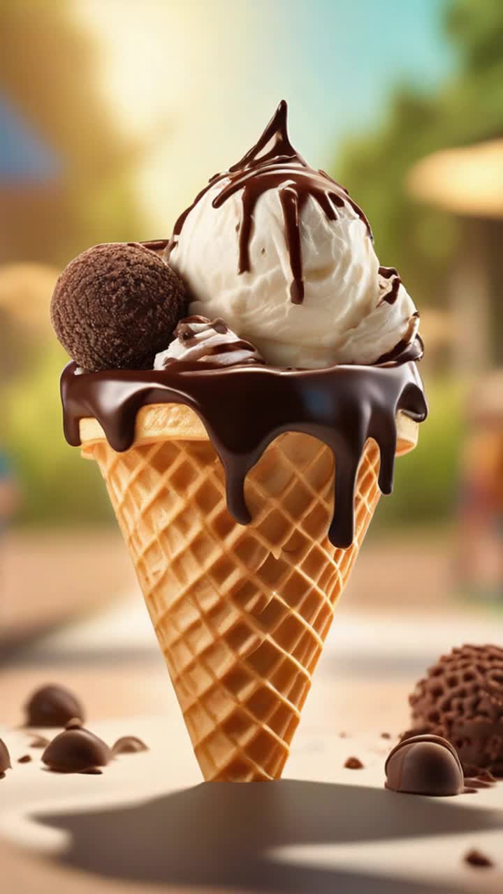 Deliciously swirled truffle ice cream encased in crispy chocolatedipped waffle cone, decadent chocolate sprinkles cascading down creamy surface, indulgent bitesized truffles nestled on top, mouthwatering dessert experience unfolding, vibrant soft serve melting under warm golden sunlight, playful summer day ambiance with lush greenery framing the scene, joyful laughter of kids playing nearby, a hint of playful breeze rustling leaves, enticing colors of the ice cream contrasting against the blue sky, delightful sound of a distant ice cream truck rounding the corner, all creating a blissful moment of simple joy and indulgence