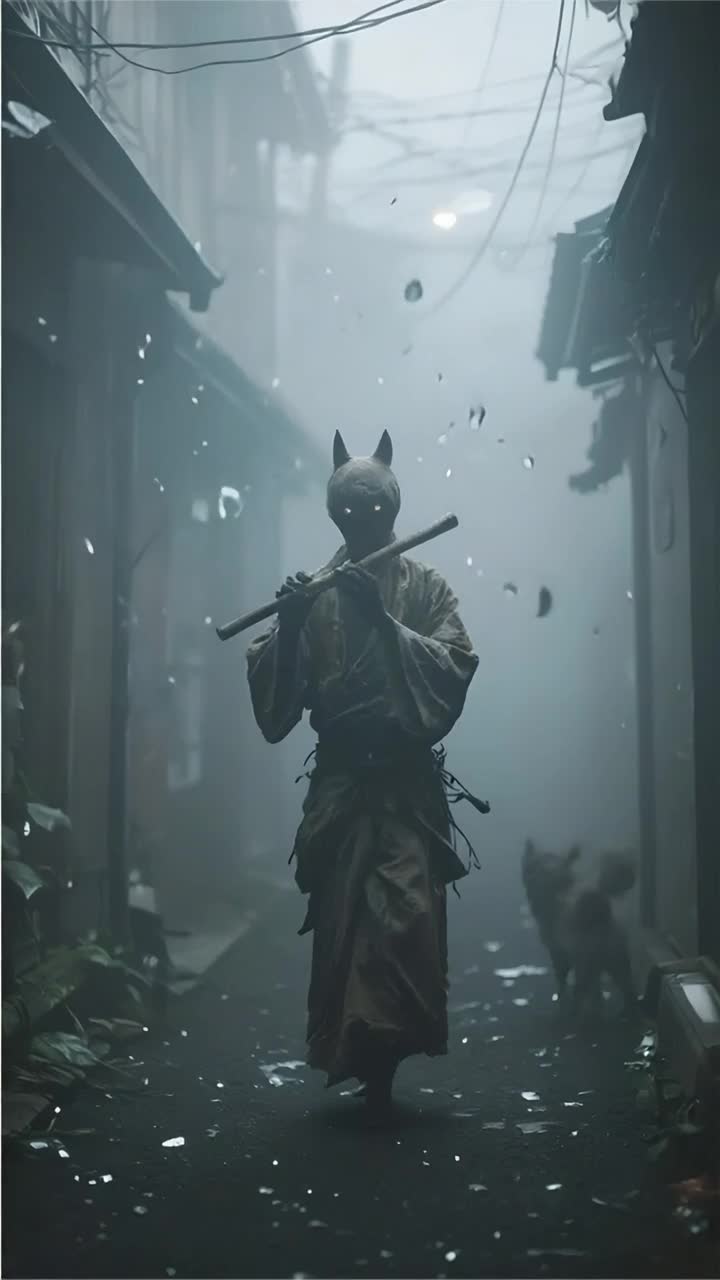 make the creature go forward toward the camera, while blowing his violin, make the background around him feel alive