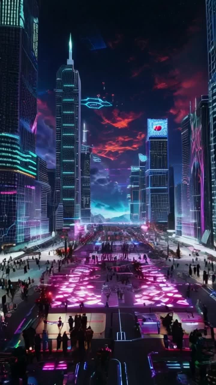 Neon-lit cityscape teeming with towering skyscrapers vibrant holographic advertisements dazzling crowds of diverse individuals wearing eclectic cyberpunk attire gazing in awe as futuristic drones zip overhead seamlessly gliding through the electric haze pulsating with life illuminating the night sky with vibrant colors against a backdrop of swirling clouds and distant mountains towering shadows forming an intricate dance of light and dark capturing the essence of a high-tech metropolis infused with a sense of wonder and innovation