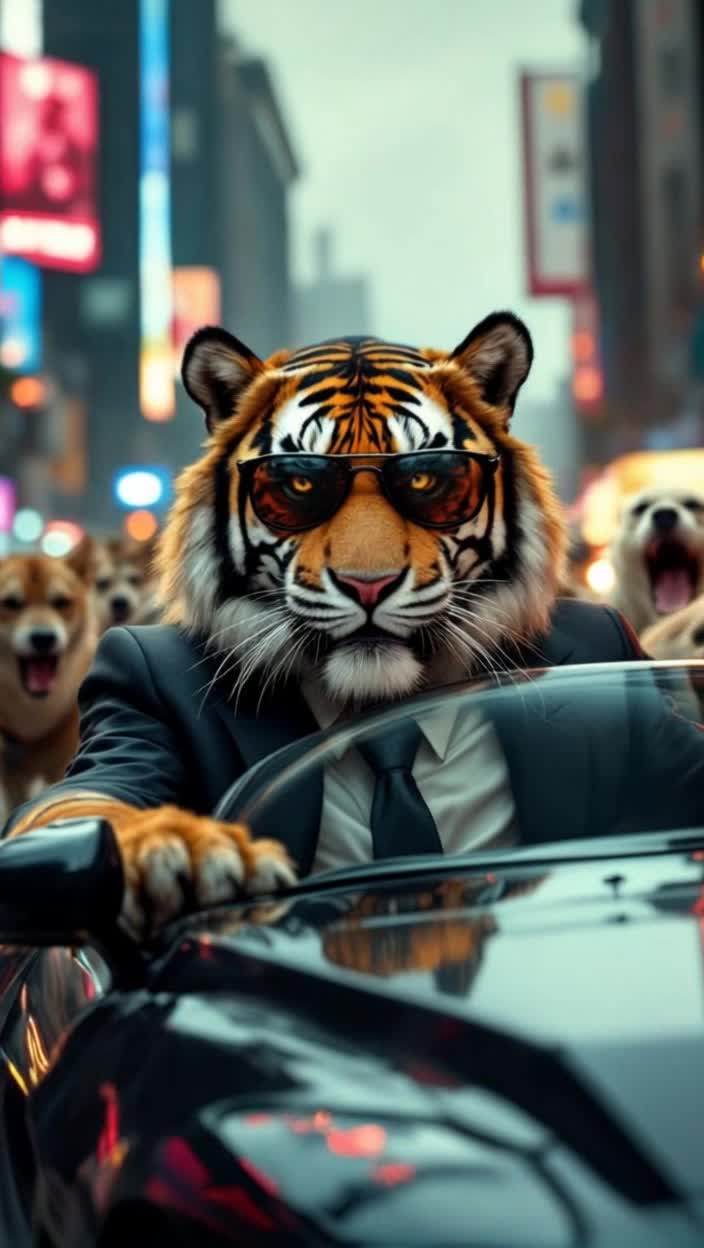 A moving painting style video, an anthropomorphic tiger is driving a sportscar recklessly down a busy city street overrun by angry stray dogs