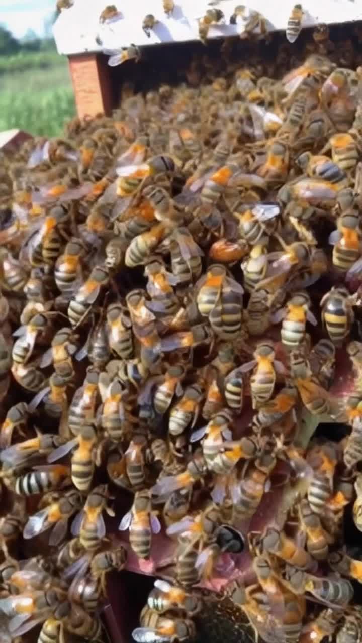 More bees than you could count flying at you to sting you, they are very angry because you tore down their hive, the bees protect the smashed hive, highresolution film sequence 