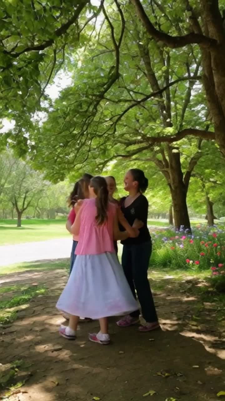 Joyful girls dancing gracefully under vibrant green trees, melodious laughter blending with sweet bird songs, sunlight streaming through fluttering leaves, creating a tapestry of shadows on the ground, vibrant flowers swaying gently in the breeze, the atmosphere alive with harmony and color, happiness radiating, playful movements capturing the beauty of nature, a symphony of sound resonating throughout the lush landscape, each note intertwining with the rustle of branches, a picturesque celebration of life and friendship, magical moments shared in an enchanted garden alive with the spirit of spring