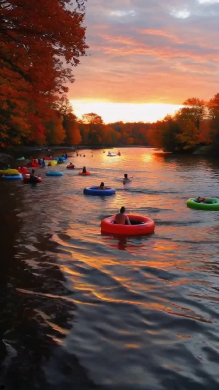 Colorful tubes gliding on serene waters laughter from friends splashing joyfully surrounded by vibrant autumn foliage hues of orange red and gold glowing in the soft light sun dipping below the horizon casting warm reflections on the gentle waves couples families and groups enjoying carefree moments drifting together amidst picturesque scenery peaceful sounds of nature enhancing the lively atmosphere as evening approaches shadows stretching across the river shimmering in golden hour magic making unforgettable memories in Green County Wisconsin