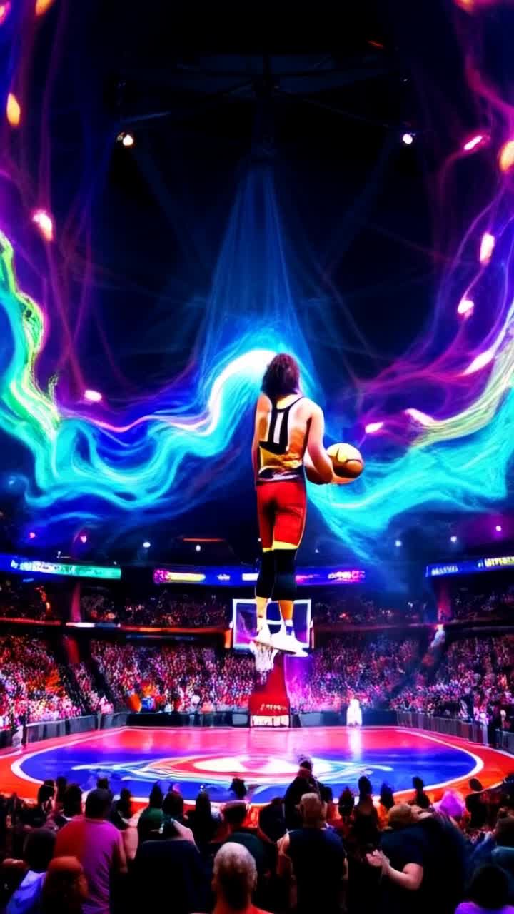 1976 Trailblazer Bill Walton slam dunking a basketball while Grateful Dead perform, Electric psychedelic paisley colors of fluorescent hues swirling 