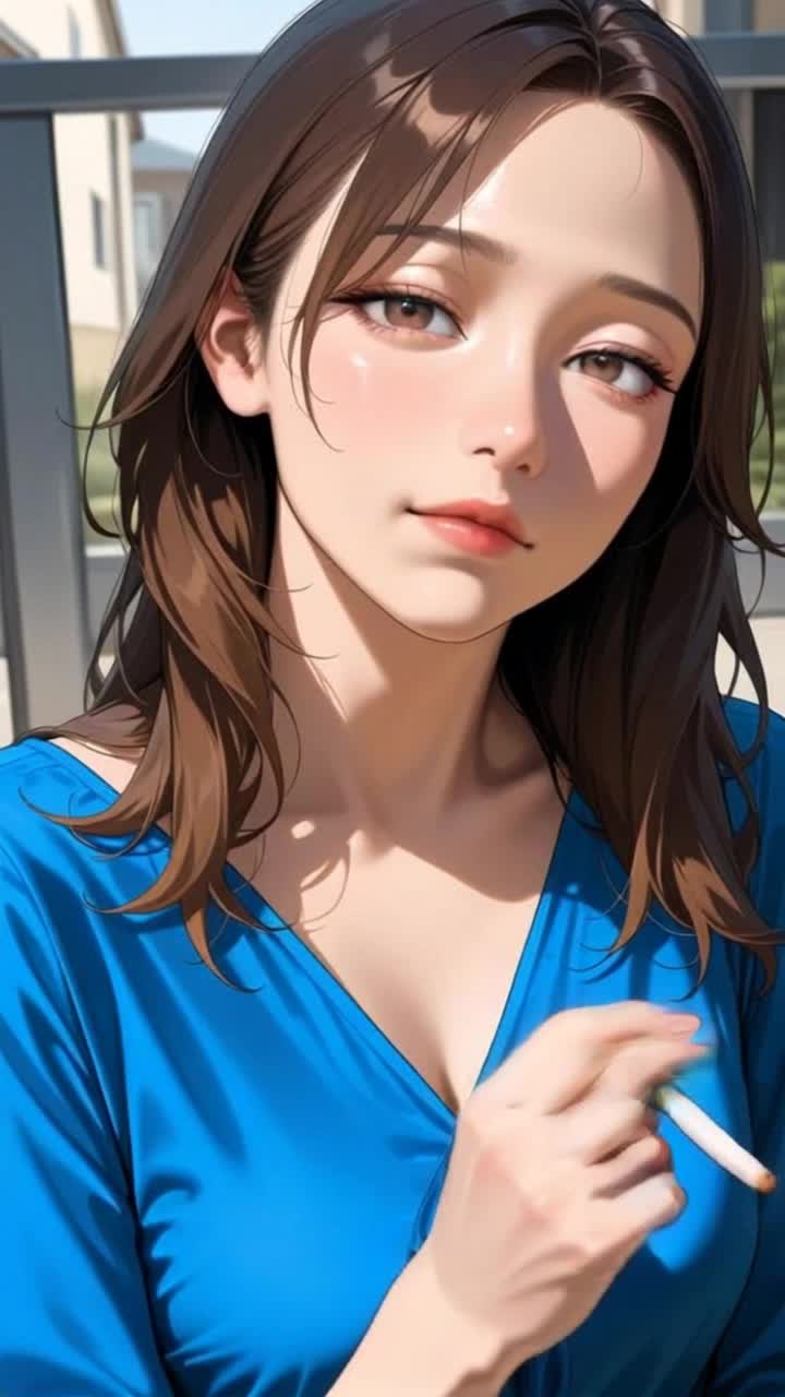 The exhausted and tired woman moves the cigarette to her mouth, inhales, causing the end of the cigarette to glow, then she moves the cigarette away from her mouth, and then exhales smoke