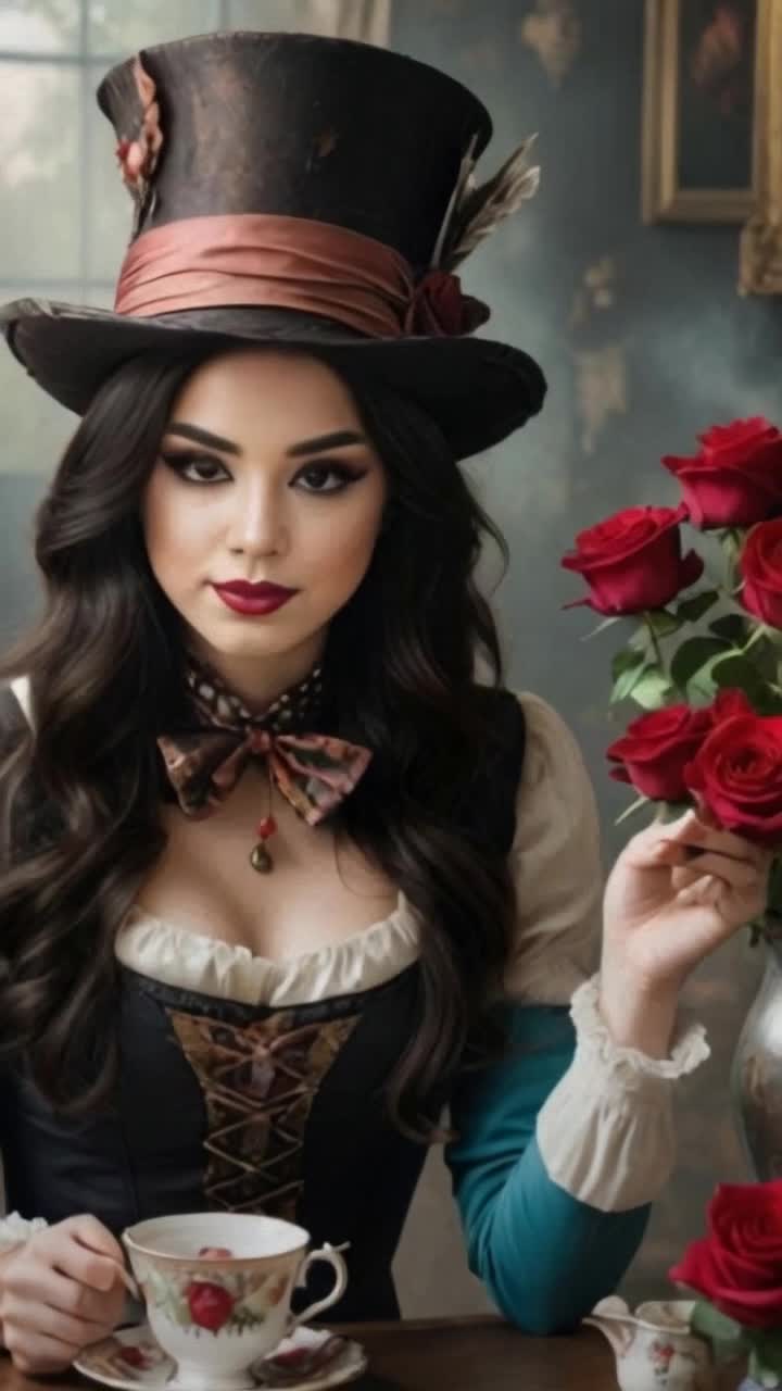 Elegant mad hatter woman savoring steaming coffee in whimsical attire surrounded by a vibrant boutique filled with lush red roses cascading from vintage shelves dazzling with colorful teacups and enchanting decor magical sunlight filtering through large windows illuminating a serene atmosphere filled with delightful aromas of fresh blooms and roasted coffee inviting warmth and creativity permeating the air