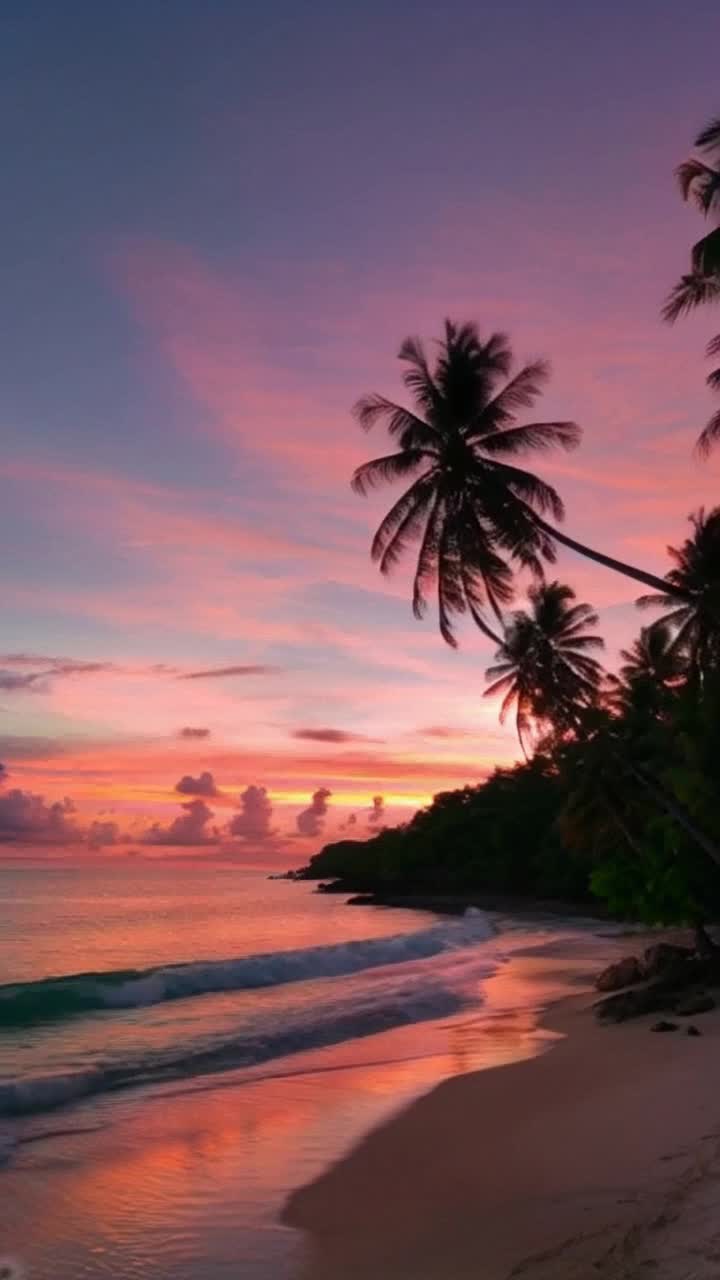 Vibrant sunset painting tropical sky in fiery hues of orange and pink against silhouetted palm trees swaying gently in warm breeze Golden sands stretch along tranquil shoreline lapping waves reflect shimmering colors from above Lush greenery frames the scene inviting a peaceful ambiance Curious seabirds dip and glide through the air as dusk settles creating a serene paradise perfect for relaxation