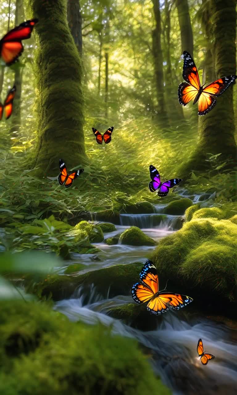 Vibrant butterflies dancing elegantly above radiant wildflowers swaying softly in a gentle breeze Sparkling stream rushing playfully through lush greenery Whispering sunlight casting enchanting patterns on ancient birch trees creating mesmerizing shadows on soft mossy carpet Lush velvet moss covering woodland floor inviting curiosity into serene natural paradise Butterflies landing lightly on vivid petals crafting intimate moments of beauty within calm forest Retreating greenery surrounding observers in a soothing embrace of nature Melodic whispers of flowing water enriching the atmosphere with tranquility and harmony in this idyllic outdoor haven