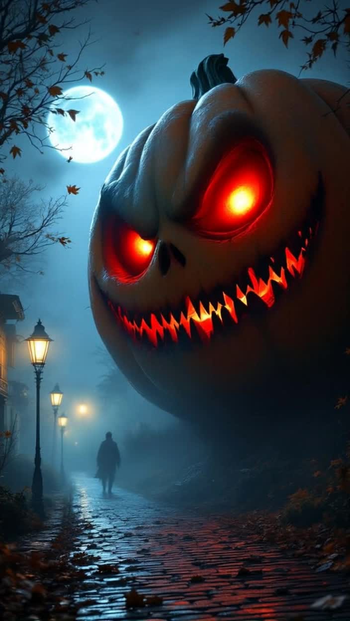 Oversized pumpkin with eerie Jack Skellington features glowing red beady eyes towering on a misty Halloween night casting long shadows across cobblestone street Sinister grin etched on its surface reveals jagged teeth as leaves rustle around it creating a haunting symphony of whispers Full moon hangs low illuminating swirling fog that dances eerily making the scene feel alive with Halloween magic