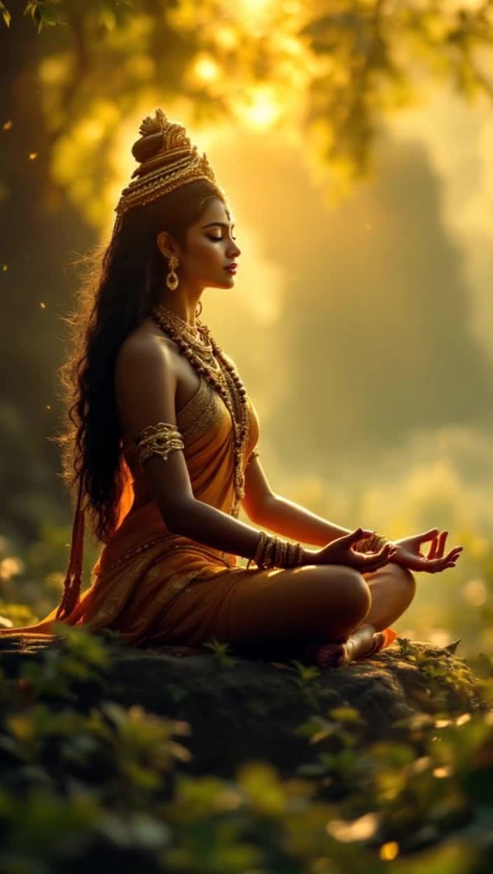 Goddess Katyayani seated in meditation surrounded by radiant golden light within a lush serene grove emanating tranquility She rises with divine grace showcasing her courage and strength The backdrop shifts to vibrant celestial realms as sage Katyayanas intense penance brings forth this powerful deity Dark clouds gather depicting Mahishasuras reign of terror as gods tremble in fear Suddenly