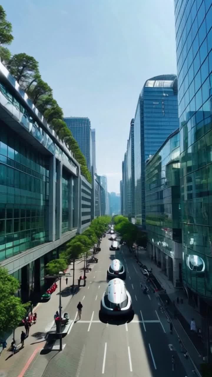 Futuristic hovercrafts gliding gracefully above bustling streets filled with sleek metallic buildings adorned with greenery Radiant sunlight piercing through glass facades illuminating vibrant urban life Advanced pollution-filtering technologies humming softly creating a symphony of clean air swirling effortlessly around busy pedestrians and cyclists Enjoying every breath in a world where nature meets innovation
