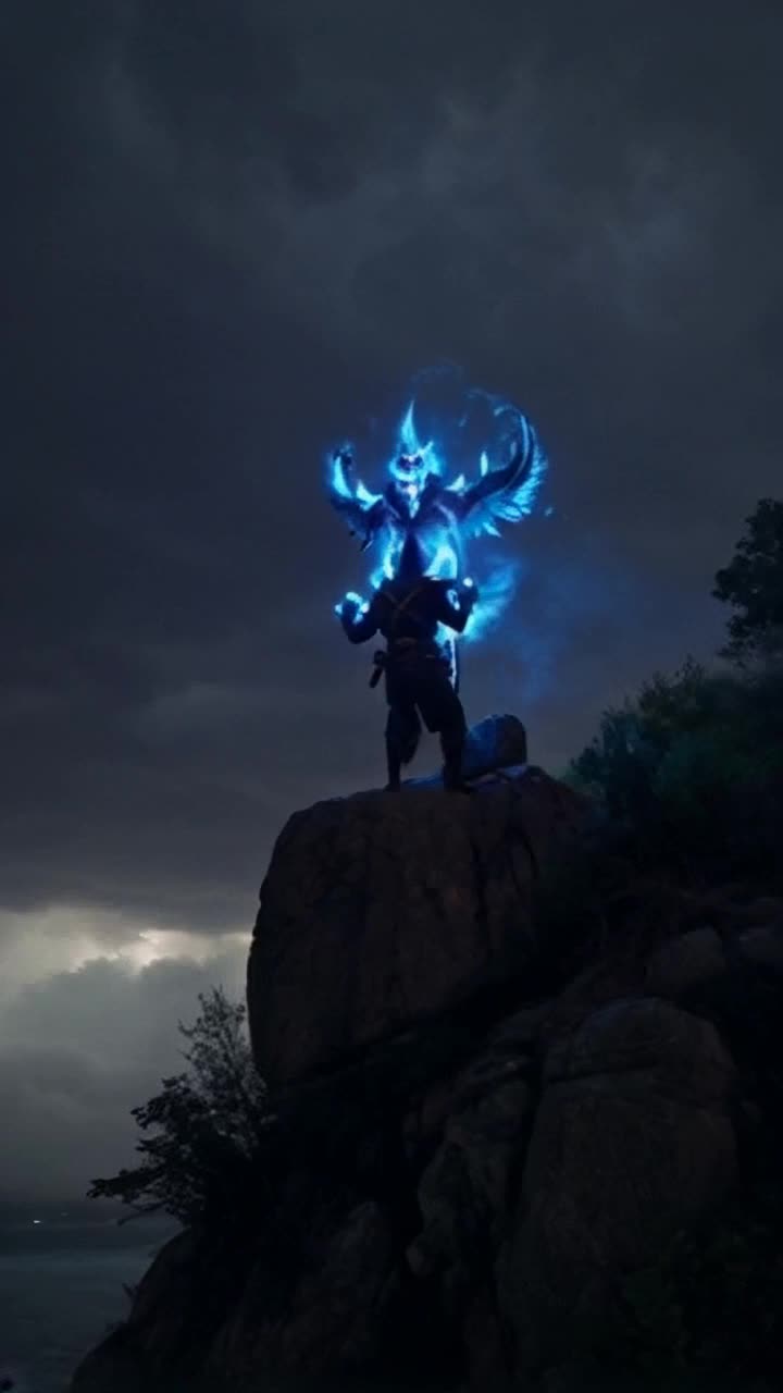 Spiritual Jedi ninja with spiky hair glows with atomic blue energy silently stalking shadows eyes sharp like a hawk focused on overpowering evil ruling demon perched majestically atop jagged precipice surrounded by swirling dark mist illuminated by eerie moonlight casting ominous shadows across treacherous cliffs distant storm rumbles creating an atmosphere of tension and power