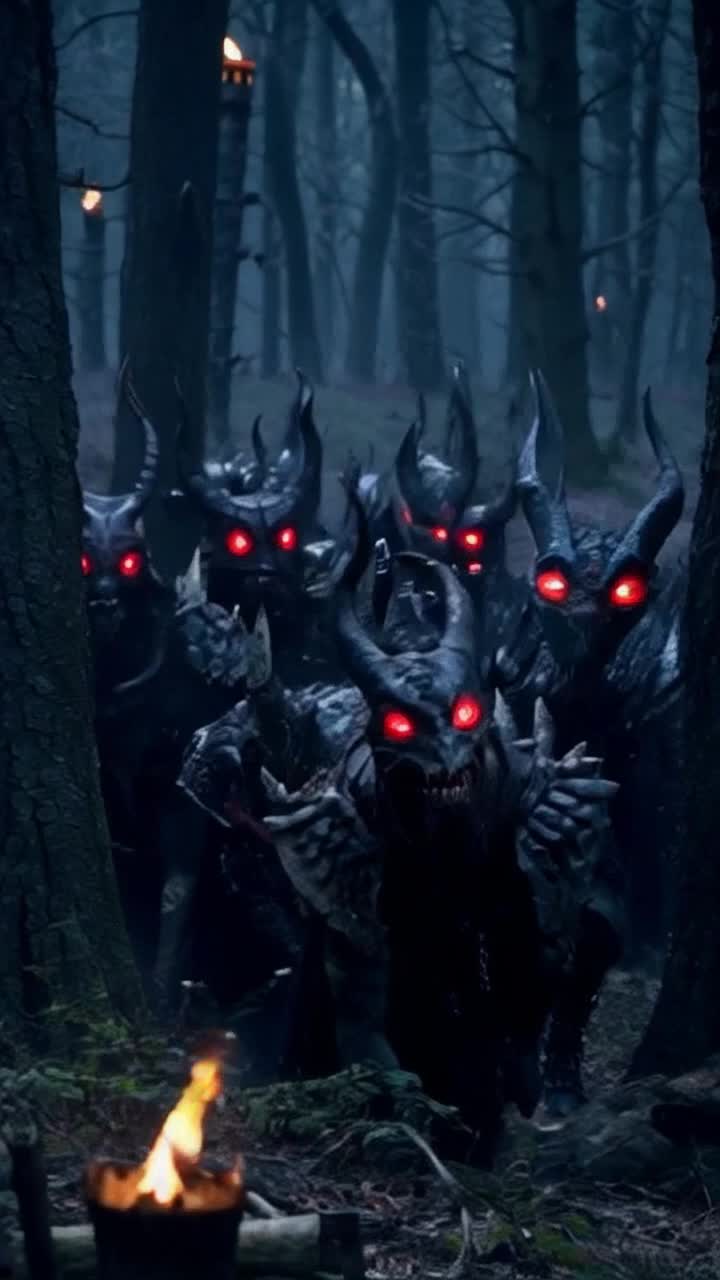 A fierce horde of snarling dark demonic creatures with twisted horns and glowing red eyes surges forward in a chaotic wave of malevolence A steadfast warrior clad in battered armor grips a gleaming sword raised high ready to face the approaching darkness in a defiant stance Shadowy forest surroundings illuminated by flickering torches create a tense atmosphere with eerie whispers echoing through the trees as malevolent eyes peer from the underbrush