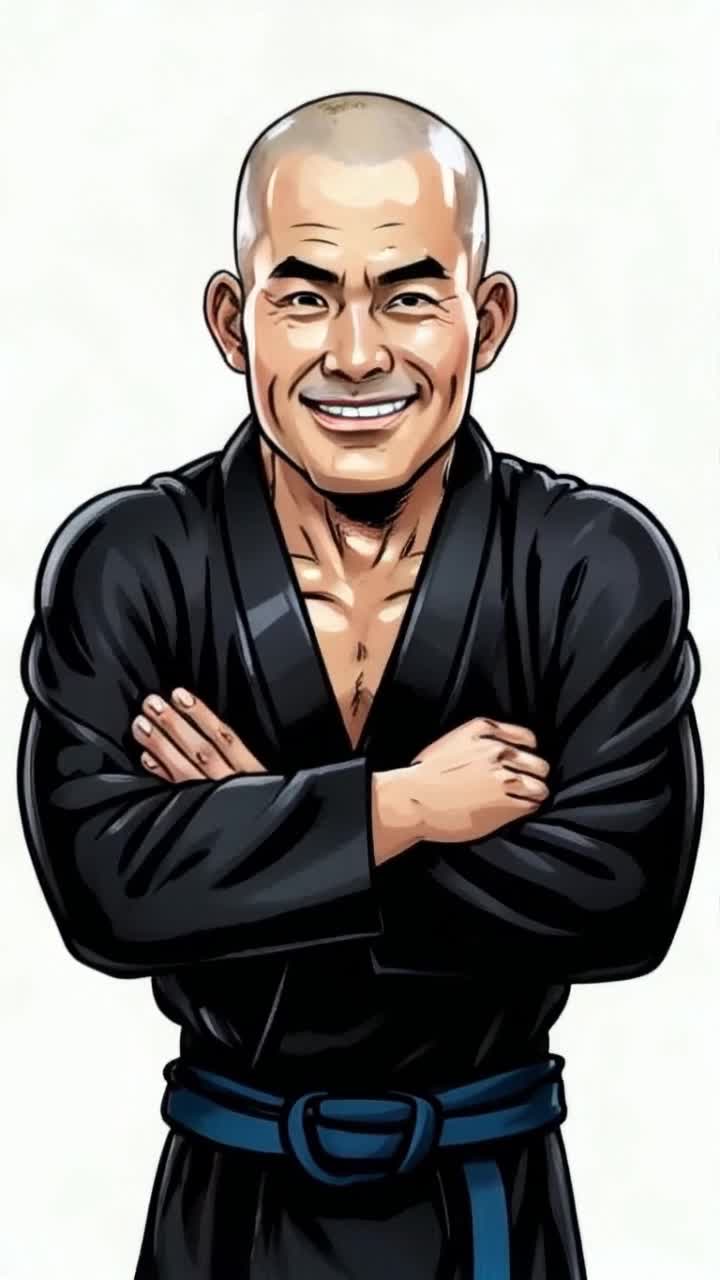 Cartoon comic bald Asian man in black karate suit stands proud with arms folded with smirk on his face camera angled from bottom and going upward cartoon comic