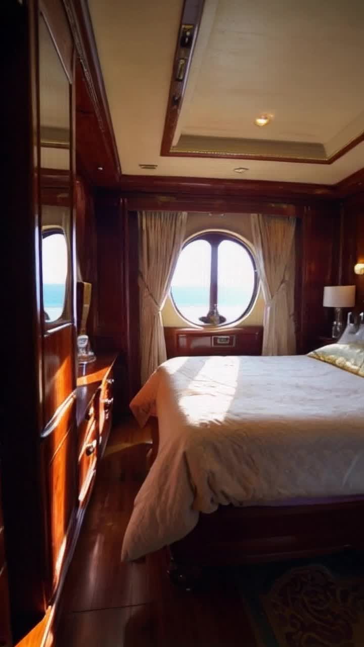 POV shot from the eyes, waking up in a luxurious firstclass cabin on the Titanic, sunlight streaming through a small round window Elegant wooden furniture, goldtrimmed wallpaper, and a glass of water on the bedside table Your hands stretch forward, as the soft creaking of the ship fills the air