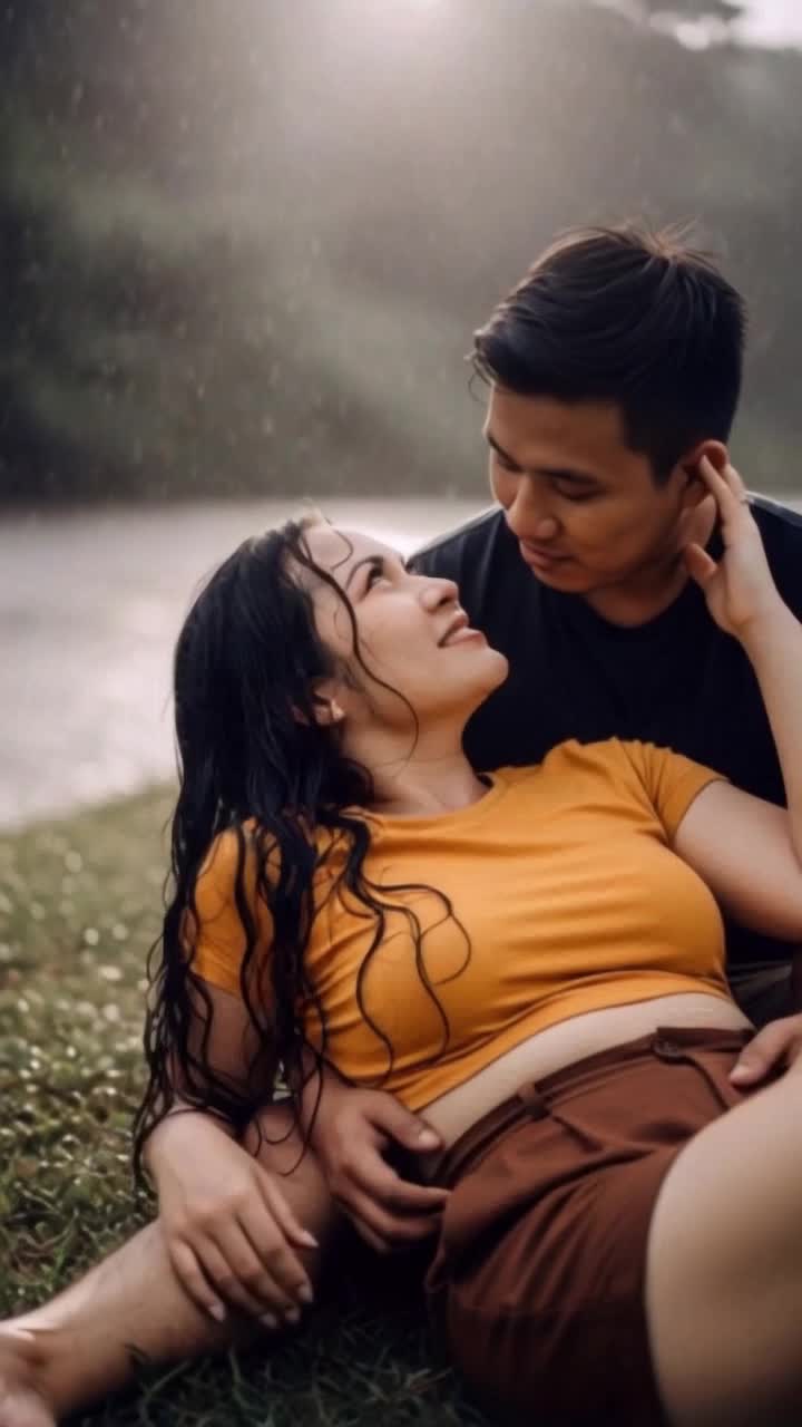 heavy rain, man hugs woman gently