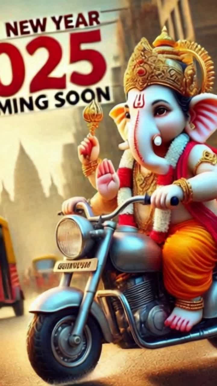 ganeshji driving mini motor bike and in back ground happy new year 2025 is coming soon is written 