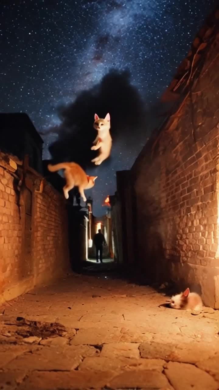 Three fluffy kittens with wide terrified eyes surrounded by flickering orange flames leaping high into the night sky. A man with a wild grin stepping back reveling in the pandemonium he has caused. Darkened alley illuminated by dancing firelight shadows flickering against damp brick walls while smoke billows upward merging with twinkling stars hidden above