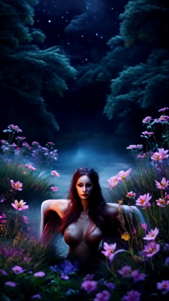 Enchanting female figure morphing into mystical creature half brown raven half human elegant transformation unfolding brown feathers cascading from skin arms stretching into powerful wings face reshaping into slender beak with piercing round eyes glowing under moonlight dense dark forest surrounding vibrant wildflowers swaying in soft breeze shimmering stars twinkling overhead magical atmosphere enhancing captivating metamorphosis