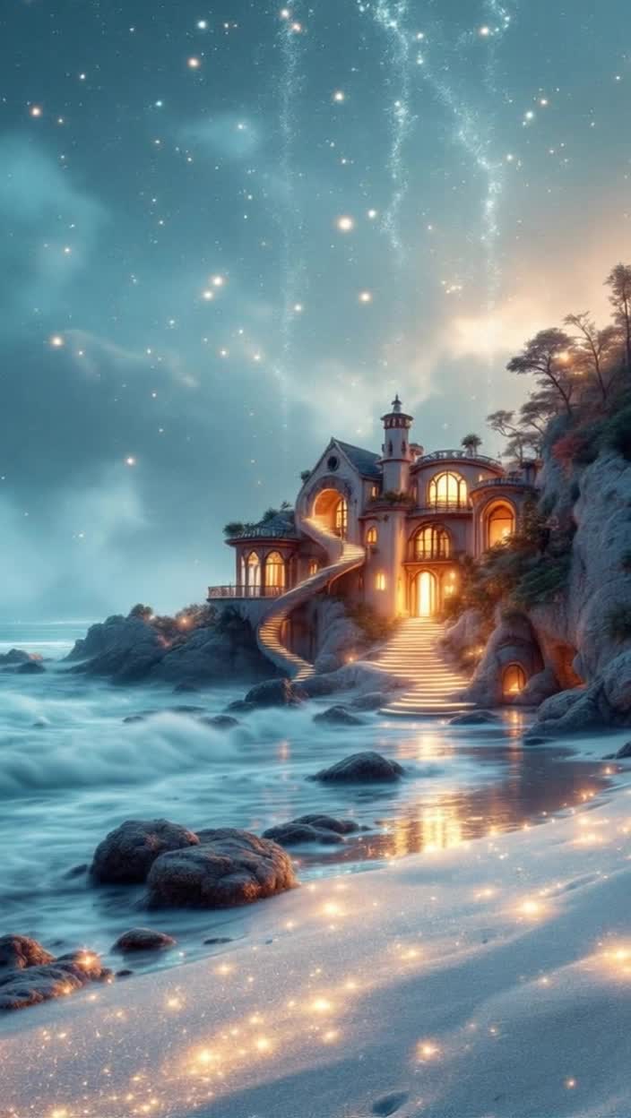 A cinematic fantasy video A majestic, surreal house with spiral staircases and floating gardens stands on a secluded, ethereal beach with sparkling white sand The ocean waves are filled with swirling, glowing particles of light A mystical fog slowly drifts across the landscape The house glows from within with a soft, warm light Thin, magical dust particles float in the air The camera moves slowly, as if in a dream, capturing the surreal beauty Special effects Waves with glowing particles, mystical fog, internal glow 