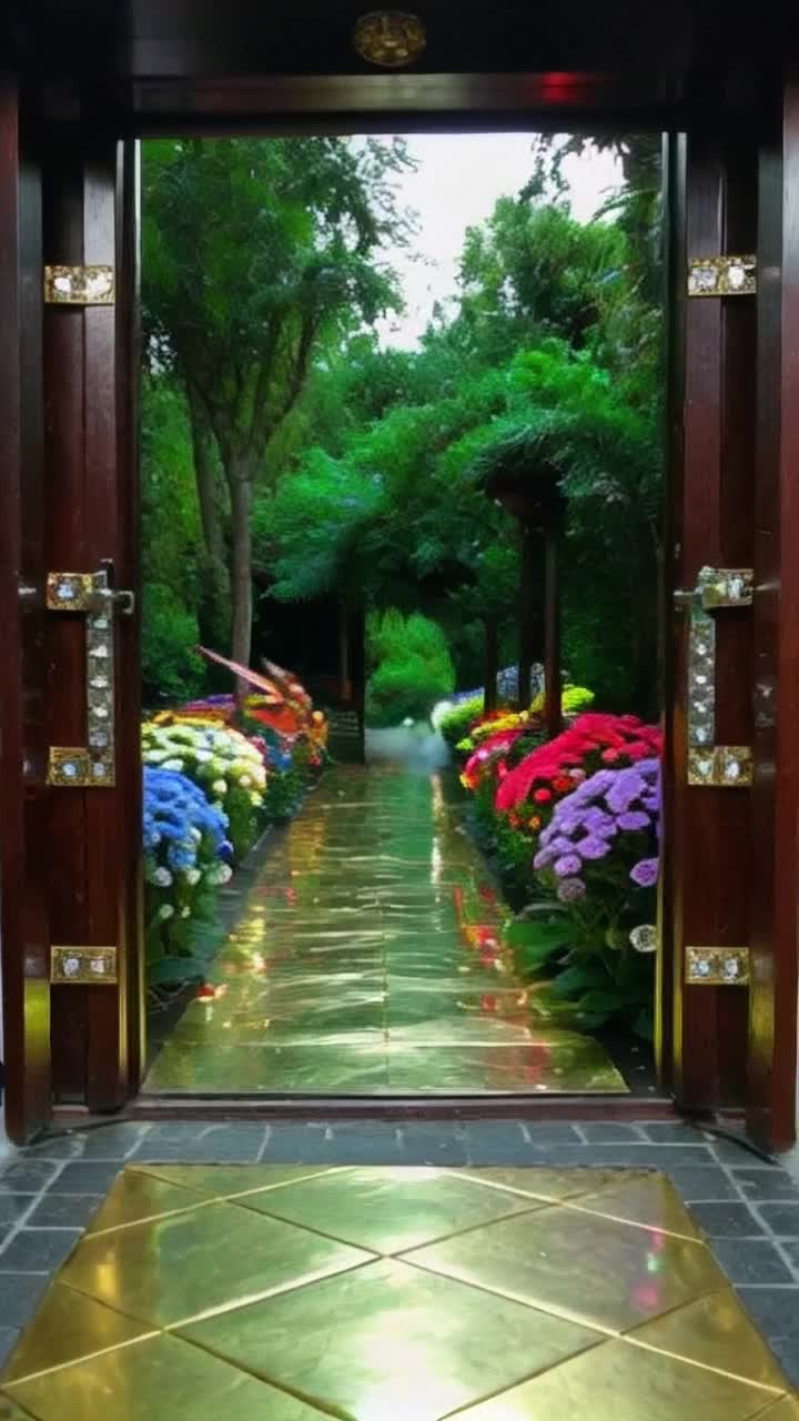 DOORS TO A FANTASY LAND a scene where door opens revealing totally another world A DIAMOND EMBEDDED DOOR OPENS to a paradise like scene greenary, a pathway made up of gold and silver tiles , greenary on either sides , bioluminescent multicolour butterfly flying over colour ful flowers , these flowers are fictitiously colourful and each flower spraying glittery fog