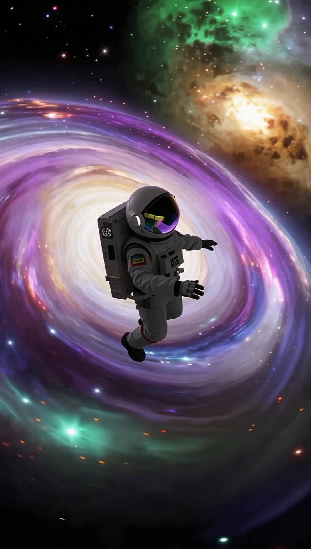 Lone astronaut gliding weightlessly through swirling cosmic colors Radiant galaxies pulsating with hues of violet emerald and gold Surrounding stars twinkling like distant dreams Soft lofi beats echo through the vastness creating a serene atmosphere Floating gently past celestial bodies drifting through a tranquil universe infused with artistic wonder