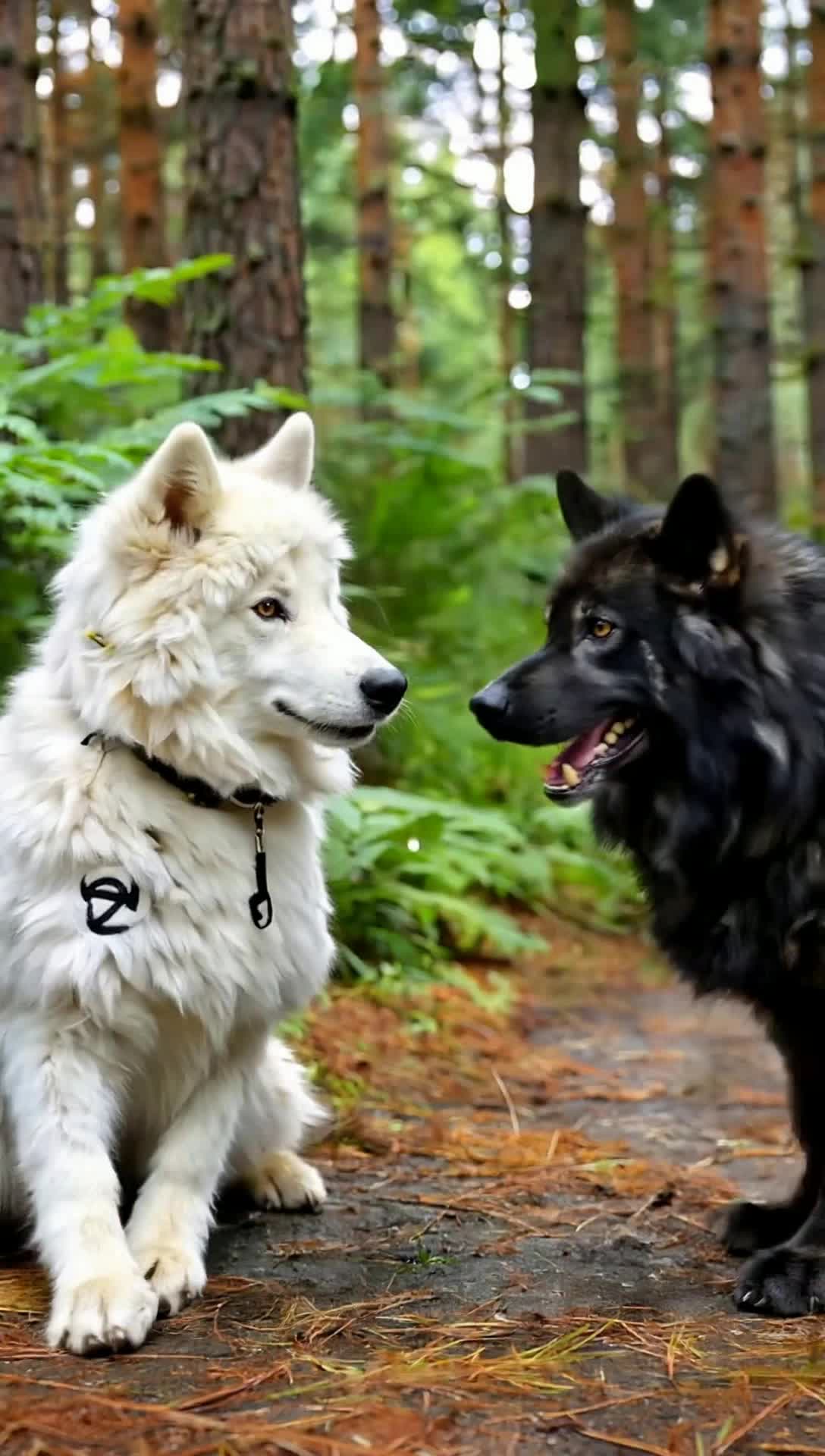 A white wolf in white sheeps clothes, woolly, fluffy earred hooded zipper jacket             And a black sheep is costumed as a black wolf , nearly walk into each other on a forest path         They  both begin laughing and suddenly stop to glare at each other
