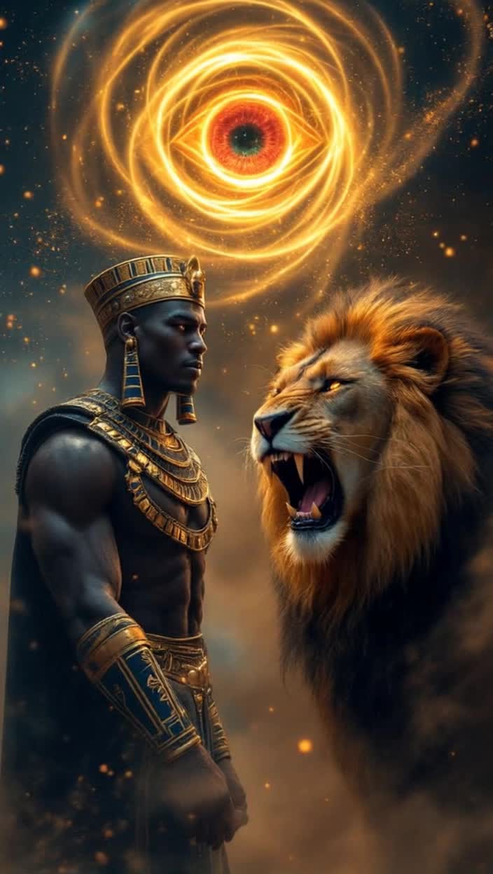 Detailed 3D animation, photorealistic renderingAn ancient Egyptian pharaoh, extremely detailed, majestic, with sharp, defined facial features, dark skin, and a powerful, calm expression He is dressed in elaborate, intricately textured gold and black royal garb, with highly detailed gold armlets, necklaces, and a majestic Nemes headdress with striped gold and navy patterns His hands rest on an invisible royal throne Beside him is the majestic head of a male lion, facing forward, with a fully opened, roaring belly showing sharp fangs and a detailed tongue The lions fur is a rich, golden brown, with a thick, powerful mane, and his eyes glow with an intense golden amber light The lions roar is penetrating and commandingActionAnimation1 Lions Roar The lions mouth is slightly open at first, then slowly widens into a full, menacing roar His powerful chest muscles flex subtly as he roars2 Pharaohs Gaze The Pharaohs head slowly turns to the left, making eye contact with the roaring lion, maintaining his reserved yet commanding demeanor3 Environmental Dynamics Sand Whirlwind A dynamic, swirling vortex of fine golden desert sand constantly circulates around both figures, rising from below and creating a sense of ancient power and movement The sand particles are visible individually and react to light Dust and Glow Fine, shimmering dust particles float in the air, catching the light and adding to the mystical atmosphere Divine Presence High above and slightly behind the figures, the Eye of Horus or Eye of RaThoth appears as a radiant, ethereal entity Eye Animation The pupil of the eye flickers subtly, alternating its glow between a bright, pulsating ruby red and an intense, luminous emerald green The light from the eye casts subtle, shifting hues onto the figures belowLighting and Atmosphere Dramatic, cinematic lighting with bright highlights on the gold elements and deep, rich shadows that emphasize depth and form Warm golden hour tones mixed with cool, mystical blues and purples from the surrounding dust and the Eye of Thoth The overall atmosphere is one of ancient power, mysticism, and divine authorityCamera angle Eye level shot, slightly wide to capture both figures in all their grandeur, emphasizing their interaction and dynamic environmentStyle Hyperrealistic, majestic, mystical, cinematic