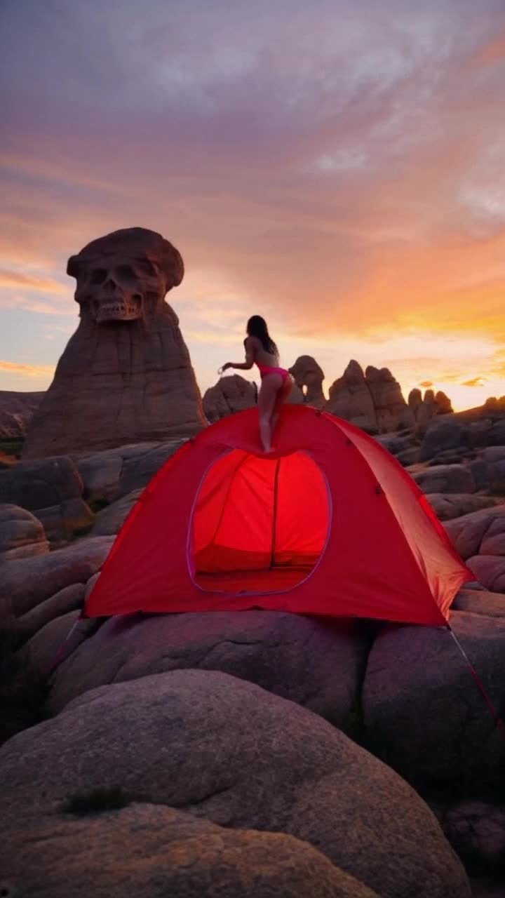 Elegant woman in vibrant swimsuit exiting a bright red tent perched atop rugged boulders Radiant sunlight setting the sky ablaze with hues of orange and purple while she stretches with joy Surrounding landscape adorned with towering rock formations resembling a skull bathed in golden twilight creating a stunning contrast against the serene desert ambiance